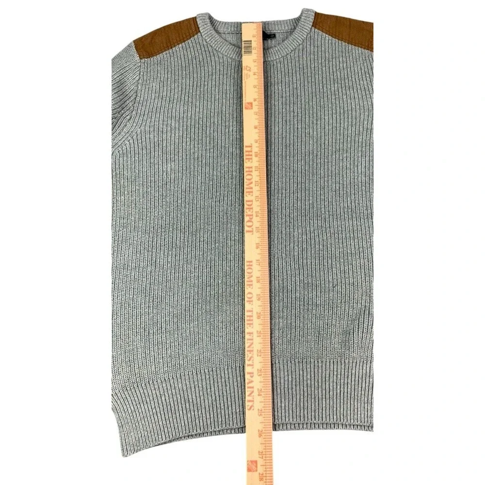 J Crew Chunky Ribbed Knit Crewneck Sweater Gray Mens Large Suede Patch Woodsman